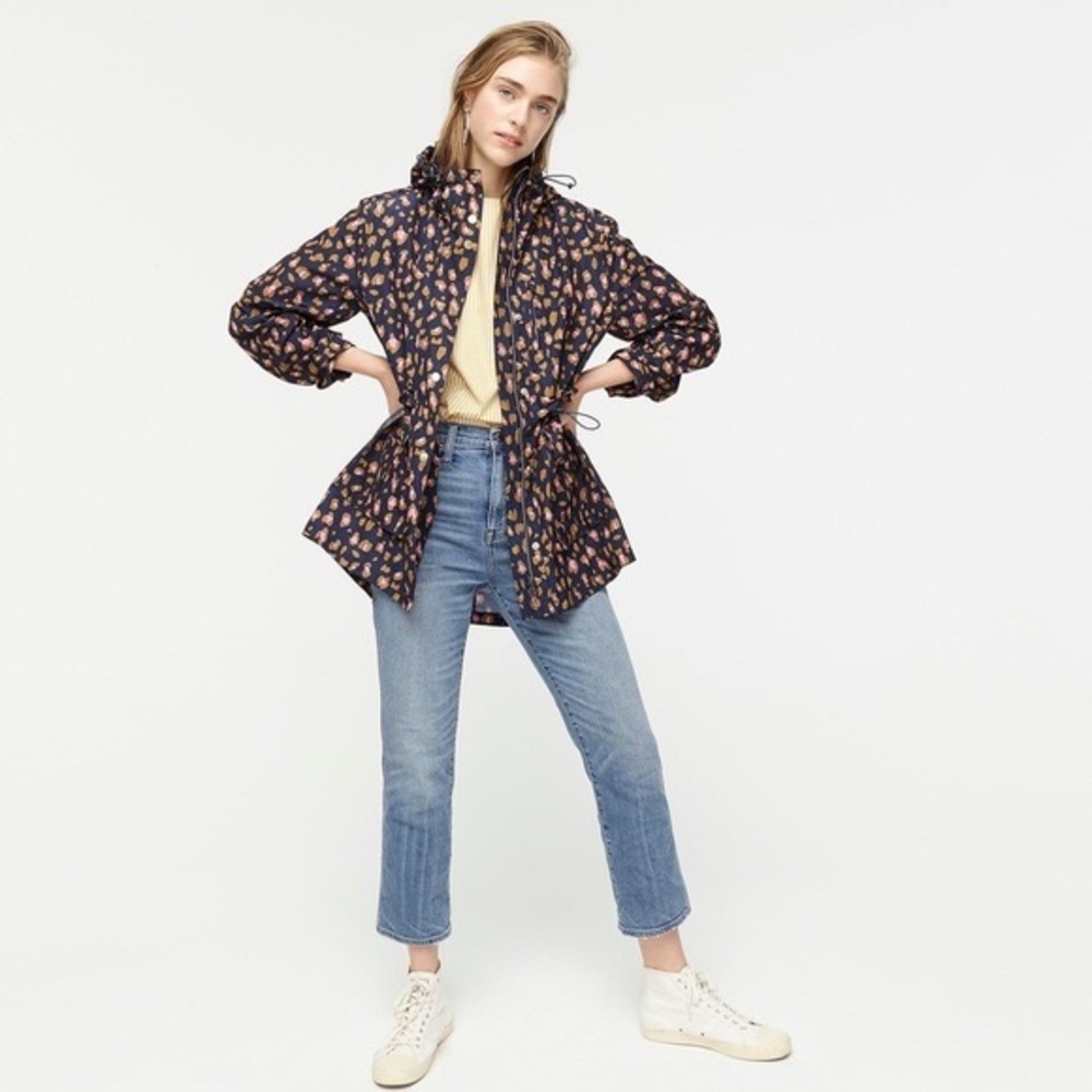 J Crew Perfect Rain Jacket - Navy Leopard Print